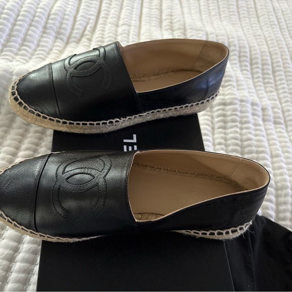 CHANEL Black Leather Espadrilles. Size 7.  In good condition. Authentic Chanel - Picture 1 of 11